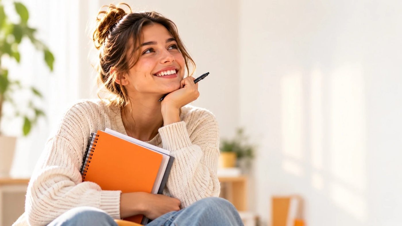 Studentessa sorridente con i quaderni: diploma online IoStudente