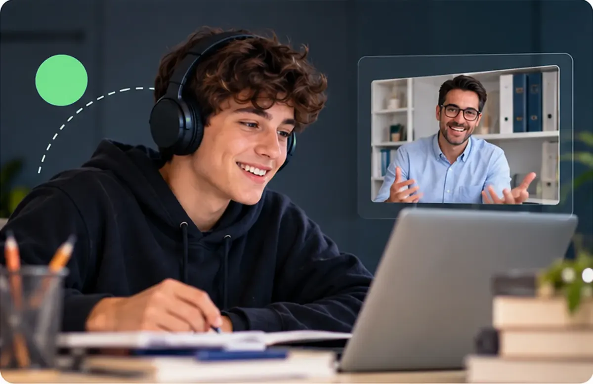 Studente con le cuffie in videolezione con il tutor