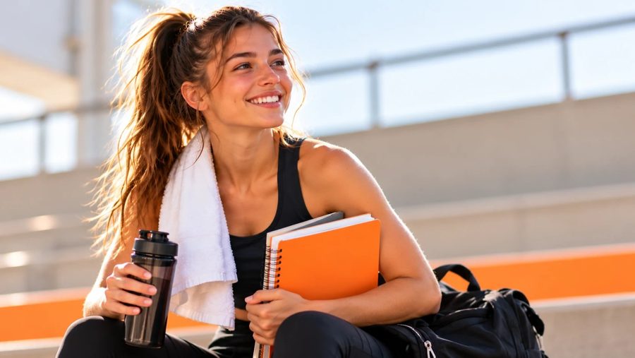 Studentessa sportiva che studia online per il diploma